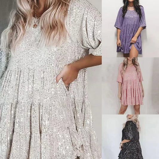 Sequins Round Neck Loose Waist Short Sleeves And Skirt Dress
